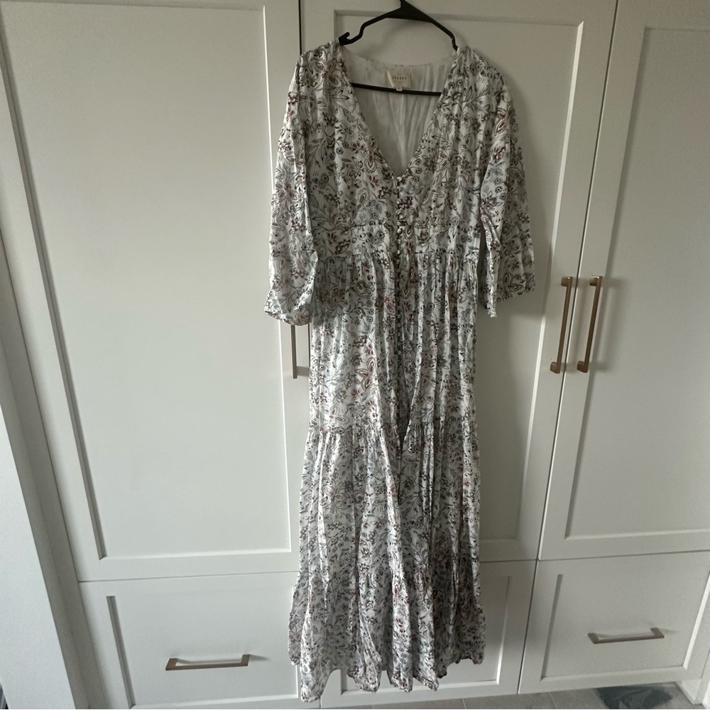 Sezane Gray and White Ruffled Tiered Maxi Dress